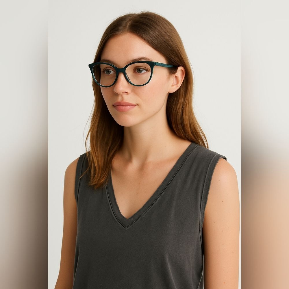 Teal Cateye Eyeglasses Frames Leafy Green Pattern Arms Feminine Retro Chic Polyg